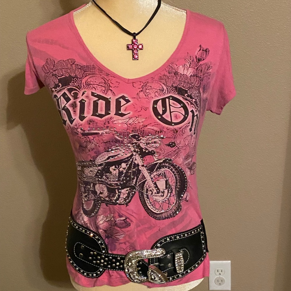Liberty Wear Biker Pink and Black Rhinestone Shirt
